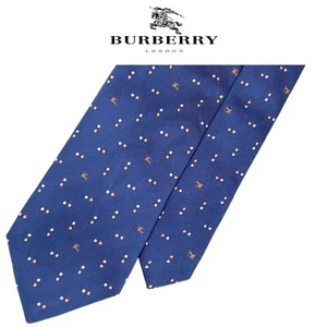 Burberrys London Blue Tie - White Gold Polka Dots Knight Logo Vintage Silk Tie - Picture 1 of 12