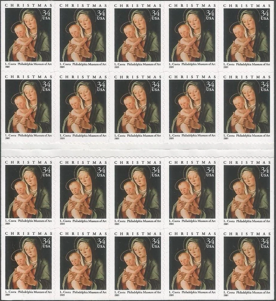 Booklet Pane of 20 stamps - Scott 3536a - 34 cent - Christmas - 2001 - MNH - Image 1 of 1