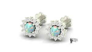 14K SOLID GOLD EARRINGS WITH AUSTRALIYAN OPAL & DIAMONDS - Picture 1 of 9