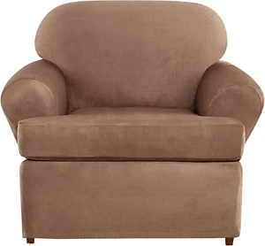 Ultimate Heavyweight Stretch Suede Individual 2 Piece T-Cushion Chair Slipcover - Picture 1 of 3