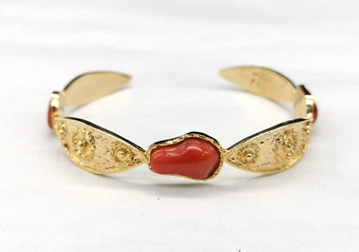 bracciale manetta rigido argento 925 placcato oro corallo rosso Sardegna natural - Immagine 1 di 4