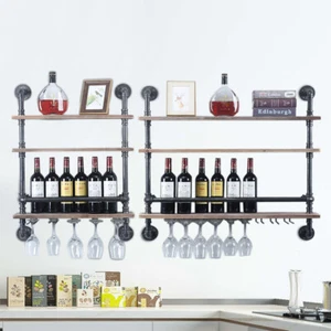 Industrial Pipe Shelf Bar Wine Rack Shelves Wall Mounted + Glass Bottle Holder - Picture 1 of 27