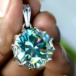 RARE 12.50 Ct Treated Blue Diamond Solitaire Pendant, Amazing Shine & Luster - Picture 1 of 8
