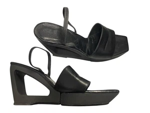 FENDI CUT OUT WEDGE BLACK LEATHER SHOES SANDALS PLATFORM WADGE 38.5 . - Picture 1 of 6