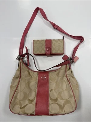 Bolso de hombro Hobo Coach Signature de lona a rayas rosa con billetera A1381-F21873 Foto 1 de 4