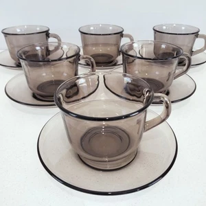 Vintage Arcoroc France Smokey Fume Glass Coffee Cups and Saucers x 6 France - Picture 1 of 10