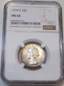 1939 S WASHINGTON SILVER QUARTER! GRADED MS64 BY NGC! - Picture 1 of 5