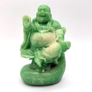 Statua Buddha seduto in vetro color giada verde che ride scrivania/scaffale - Foto 1 di 10