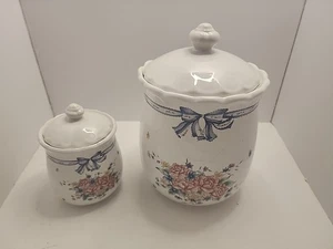 Vintage Ceramic Canister 2pc Set w/Lids White w/Floral Pattern/Blue Bows Country - Picture 1 of 15