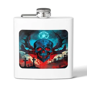 Graveyard Skull Face Skeleton Bones Flask, 6oz Stainless Steel Hip Flask - Picture 1 of 5