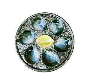 Vintage French Majolica Oyster Plate Saint Clément 1930 Art Deco Faience - Picture 1 of 6