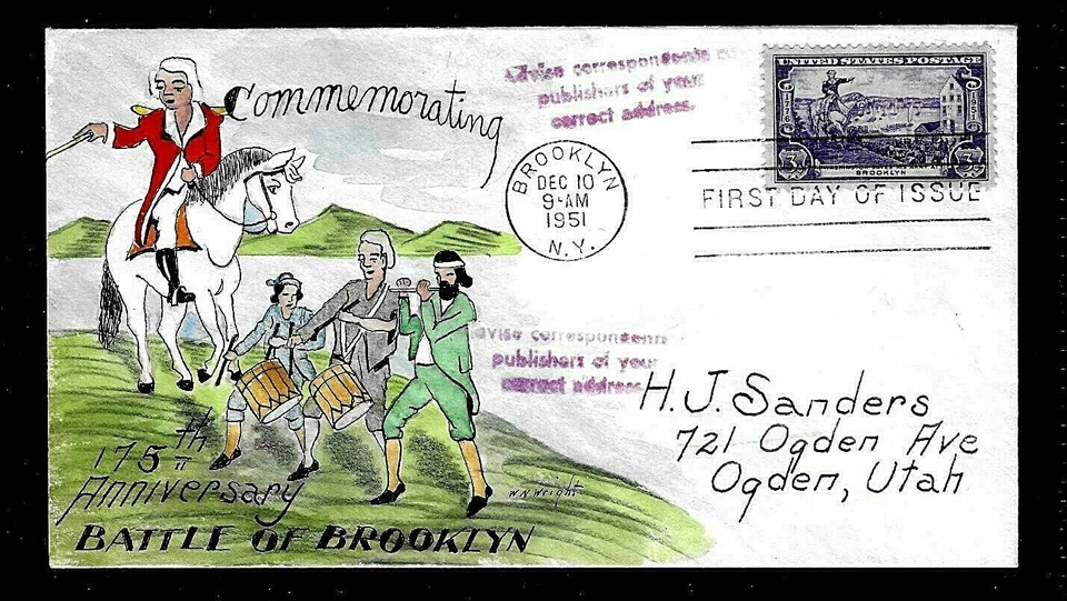 1003 3c Stamp (1951) BATTLE OF BROOKLYN FDC HD/HP FROM WILLIAM N. WRIGHT !!! - Image 1 of 1