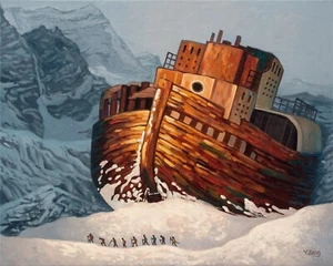 Snow mountain shipwreck, Original fantasy artwork oil painting, 16''x20" - Picture 1 of 7
