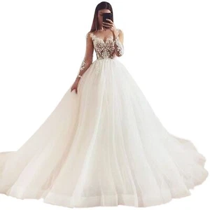 IS-Neu mit Etikett Elegant A-Linie Glänzend Brautkleider Illusion Volle Ärmel Spitze Applikationen - Bild 1 von 5