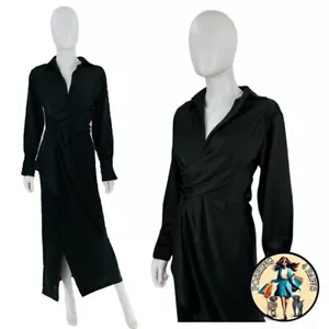 SIMKHAI Talita Draped Front Satin Long Sleeve Collared Midi Dress Black Size 0 - Picture 1 of 13