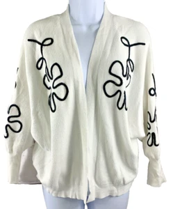 Aaeda Women's Size L Cardigan White Open Front Soft Sweater Black Flowers Comfy - Picture 1 of 9