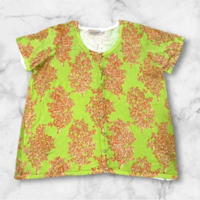 Quacker Factory Rhinestones Button Front Short Sleeve Cardigan Green Orange 1X - Image 1 of 4
