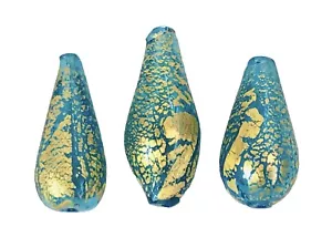 3 cuentas de lágrima de vidrio de Murano veneciano vintage azul claro lámina de oro de 24K 40x20 mm - Imagen 1 de 8