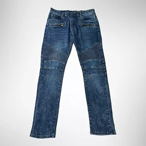 Balmain Paris Jeans Mens 28x28 Blue Moto Zippered Whiskered 100% Cotton - Picture 1 of 12