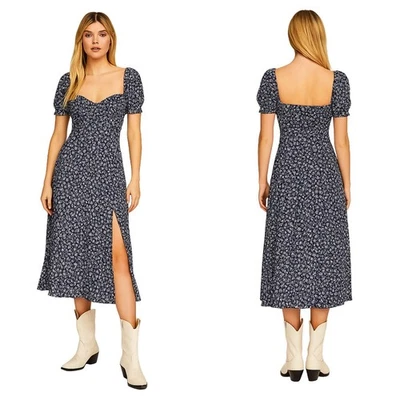 Reformation Dress Womens Size 4 Blue Lacy Floral Midi Sweetheart Puff Sleeve - Image 1 of 4