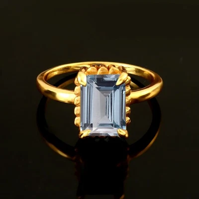 11x8 MM Baguette Blau Aquamarin Edelstein Ring Vergoldet Band Damen Schmuck - Bild 1 von 4