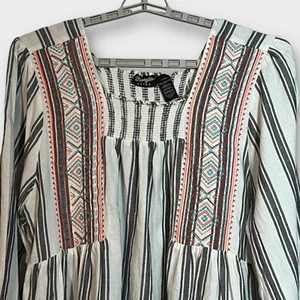 Wrangler Retro Top Womens XXL White Stripe Embroidered Smocked Boho Peasant - Picture 1 of 12