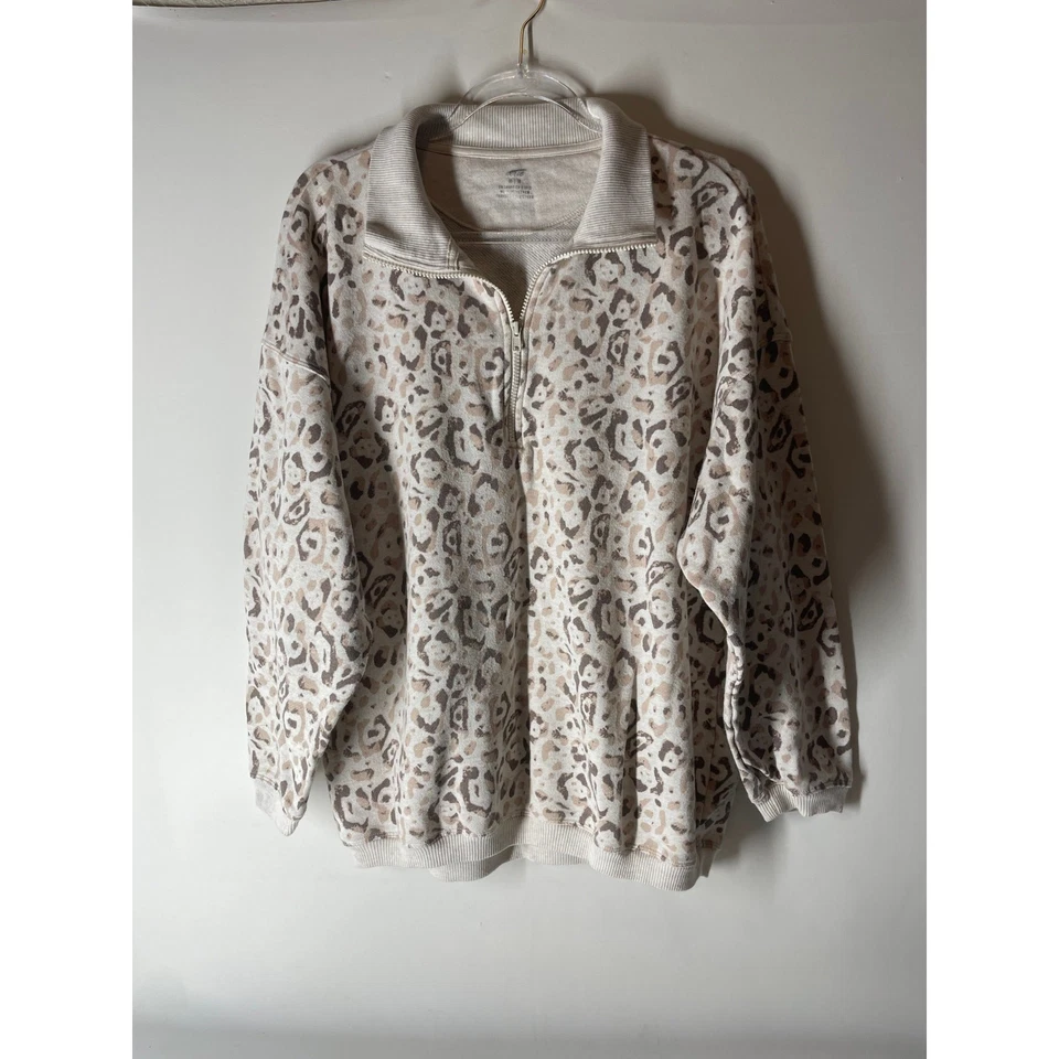 Aerie Leopard Print Oversized 1/4 Zip Pullover Sweatshirt Tan Brown Size Medium - Image 1 of 4