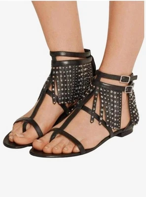 Saint Laurent Women's US8,5 EU39 Black Leather Studded Fringe Gladiator Sandals - Image 1 of 4