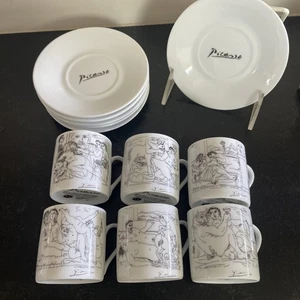 SIX (6) Sets~ Picasso Espresso Cups & Saucers White Porcelain 2000/OBRA Original - Picture 1 of 10
