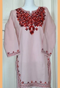 Túnica Top Larga Algodón Bordada Luz Salmón Color Rosa Salmón de la India - Imagen 1 de 5