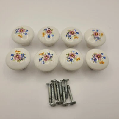 Perillas de porcelana tiradores de cajón florales blanco naturaleza gabinete con tornillos de colección lote de 8  Foto 1 de 4