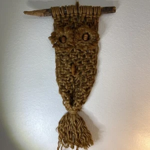 "Búho macramé vintage colgante de pared ojos de madera de yute marrón 26""x 16" - Imagen 1 de 8