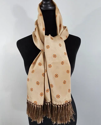Antigua bufanda de crepé de seda 100 % seda clásica 46x12 pulgadas Flecos Beige Naranja Marrón Foto 1 de 4