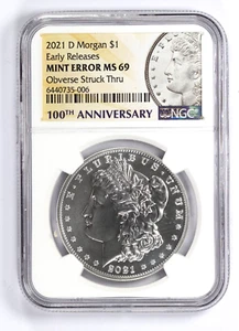 2021-D $1 Morgan Silver Dollar Obverse Struck Thru NGC Mint Error MS69 - Picture 1 of 4