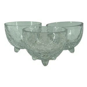 Set 3 Vintage Crystal Clear Crackle Glass 3 Three Footed Small Trinket Bowl Dish - Picture 1 of 7