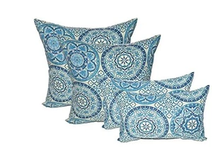 Set of 4 Decorative Throw Pillows Square & Rectangle Blue Ivory Large Sundial - Picture 1 of 1