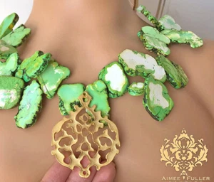 Aimee Fuller Slab Beads Lime Green Howlite Turquoise Statement Necklace 22k Gold - Picture 1 of 24
