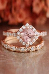 5ct Lab-Created Morganite Stylish Bridal Set Engagement Ring 9k Rose Gold Plated - Picture 1 of 3