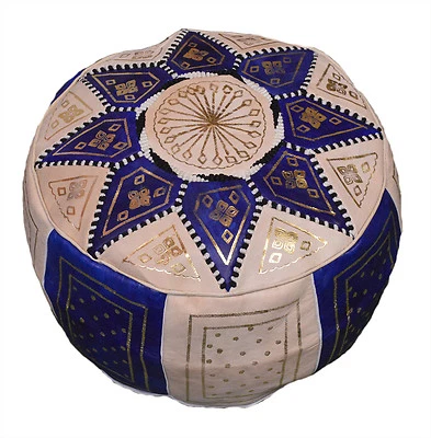 Pouf Moroccan Hassock Pooff Leather Genuine Pouff Ottoman Footstool MED Blue - Image 1 of 4