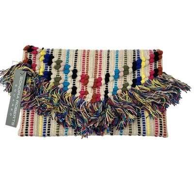 NWT Sondra Roberts Boho Woven Fringe Clutch Bag Colorful Rainbow Pom Pom Tassels - Image 1 of 4