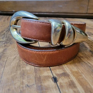 Vintage 90s Ribco USA Women's Brown Leather Belt Silver Tone Tip & Buckle Size L - Picture 1 of 15
