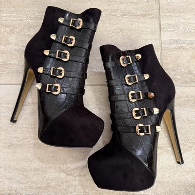 Botín Luichiny Negro Dorado 6" Tacón Plataforma Hebilla Talla 8.5 Stripper Bailarina Foto 1 de 4