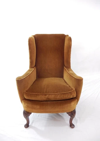 Antique Queen Ann Style Walnut Wingback Arm Chair with Gold Velvet.  H-363 Cover
