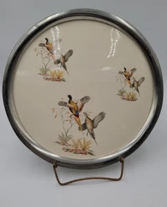 Vintage Revere Porcelain Beaded Pewter Round 13"Tray Pheasants In Flight - Picture 1 of 24
