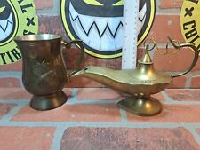 Vintage Etched brass genie lamp And Goblet Saudi Arabia 