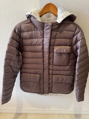 Athleta down puffer jacket women’s size m Reversible W/ Hood Light Purple/cream - Image 1 of 4