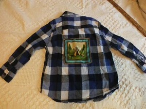 Upcycled Repurposed Flannel Shirt Boys M (8) Blue White Plaid Camping Tent Fire - Picture 1 of 6