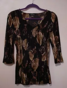 Mini Pleats Ladies Gold Leaf Print on Black 3/4 Sleeve BLOUSE / TOP One Size - Picture 1 of 1