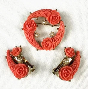 Vintage Zelluloid Brosche & Ohrring Set, Koralle Blumen Kunstperlen, kostenloser Versand - Bild 1 von 13