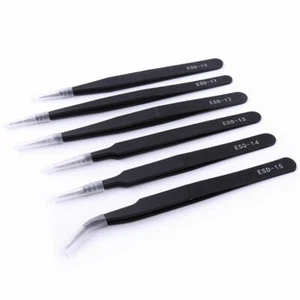 6X Non-magnetic Steel Fine Curved Tweezers Forceps Anti-static ESD SMD chips - Picture 1 of 6